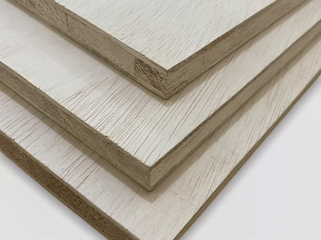 Papan blockboard dengan inti kayu solid terlihat pada sisi potongan